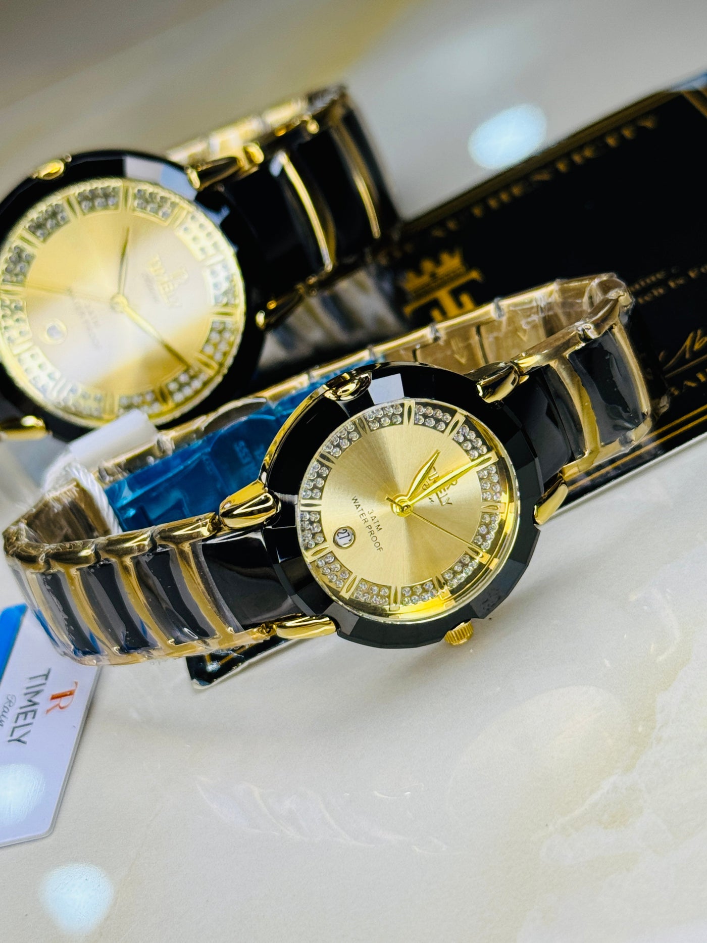 Timely Black Gold With Gold Dial Couple Watch