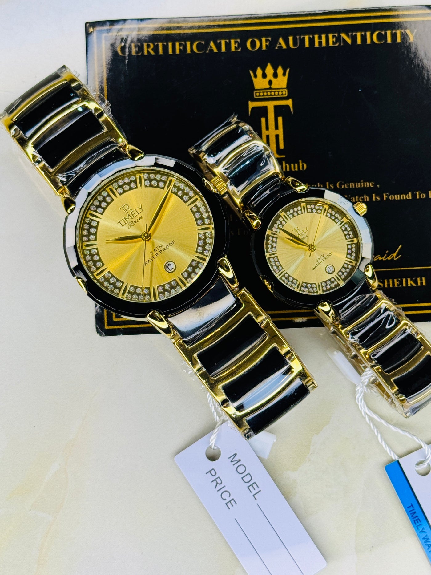 Timely Black Gold With Gold Dial Couple Watch