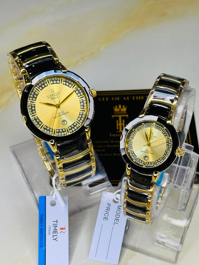 Timely Black Gold With Gold Dial Couple Watch