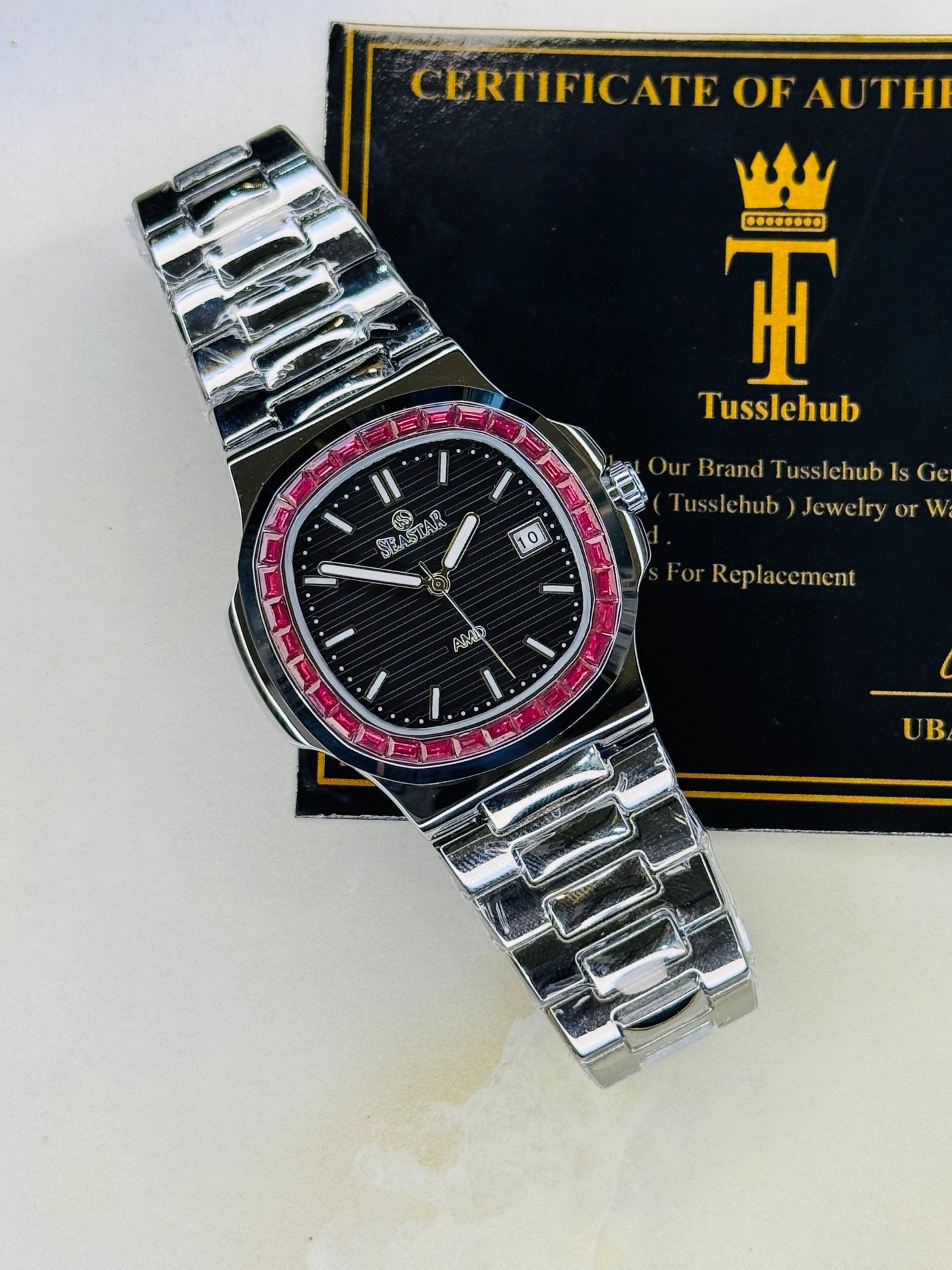 Slim Silver Black Ruby Zircon Seastar Watch