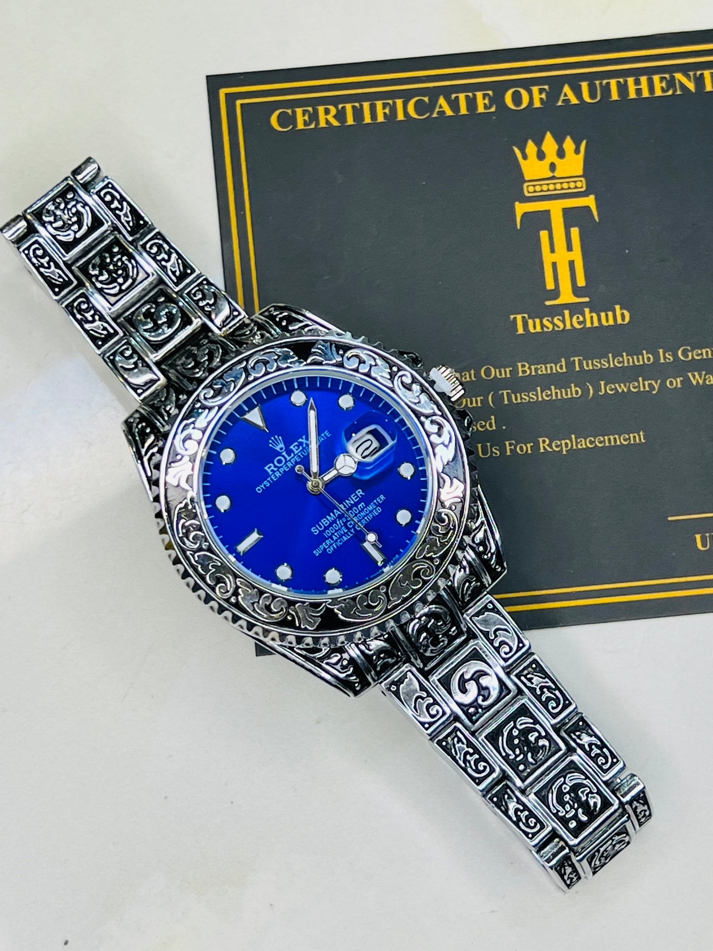 Vintage Silver Blue Calligraphic Watch