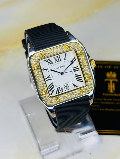 Two Tone White Iced Tank Silicon Cartier Watch