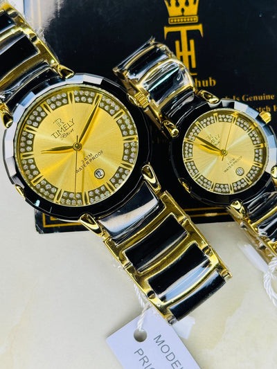 Timely Black Gold With Gold Dial Couple Watch